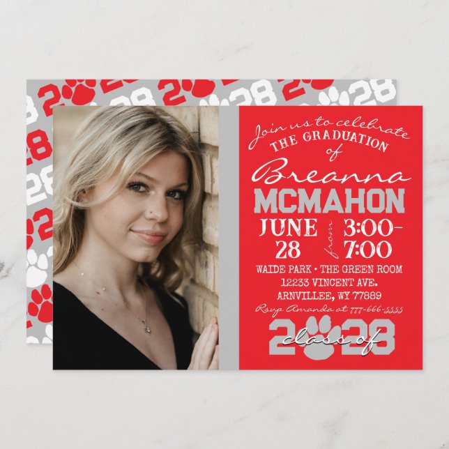 Red & Silver Grey Paw Print Graduation Photo Invitation (Front/Back)
