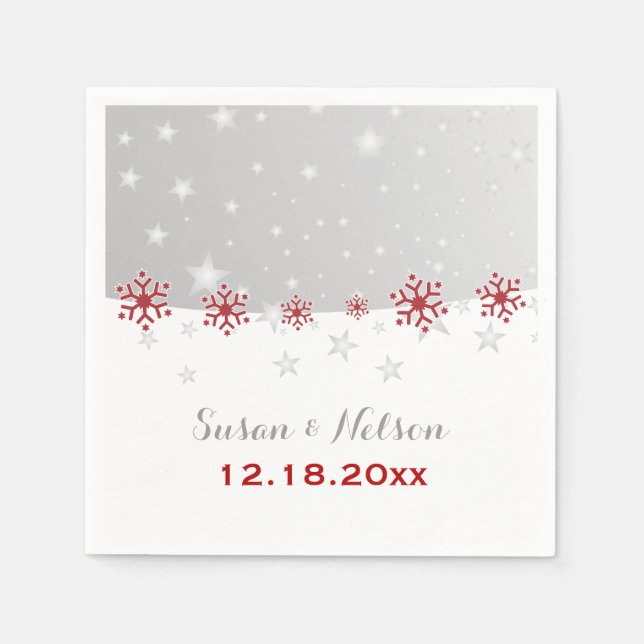 Red, silver grey snowflake modern wedding napkin (Front)