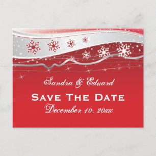 Red, silver grey snowflake wedding Save the Date Announcement Postcard