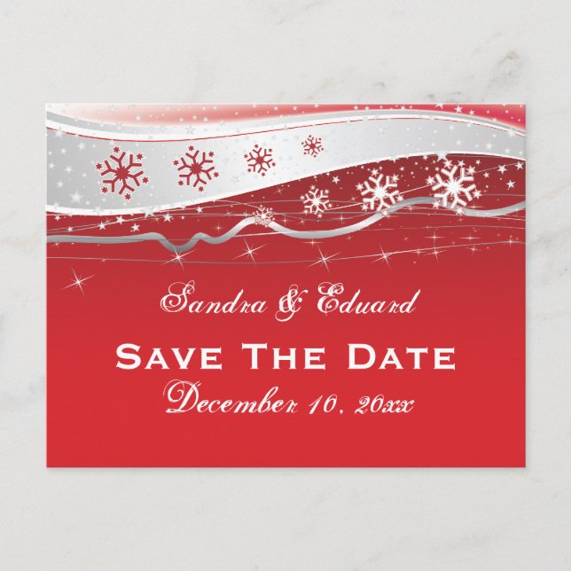 Red, silver grey snowflake wedding Save the Date Announcement Postcard (Front)