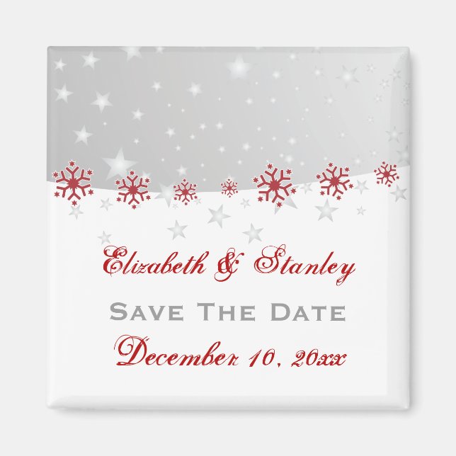 Red silver grey snowflake wedding Save the Date Magnet (Front)