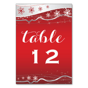 Red, silver grey snowflake wedding table number