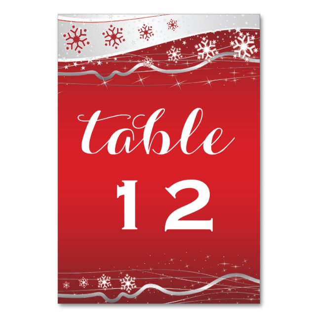 Red, silver grey snowflake wedding table number (Front)