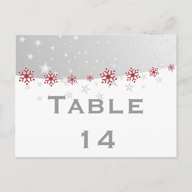 Red silver grey snowflake wedding table number postcard (Front)