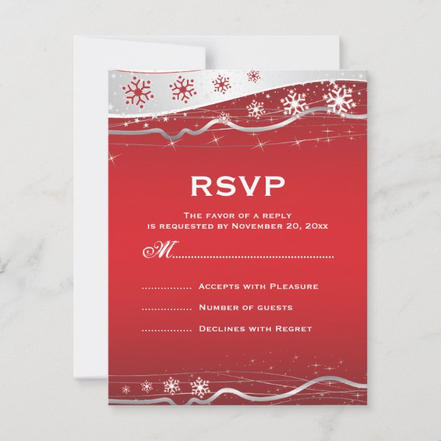 Red, silver grey snowflake winter wedding RSVP Card (Front)