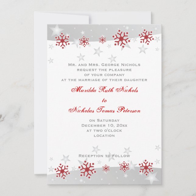 Red silver grey white snowflake wedding invitation (Front)