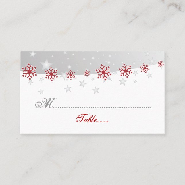 Red silver grey white snowflake wedding place card (Front)