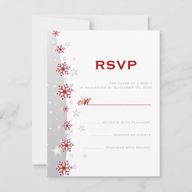 Red silver grey white snowflake wedding RSVP Card (Front)