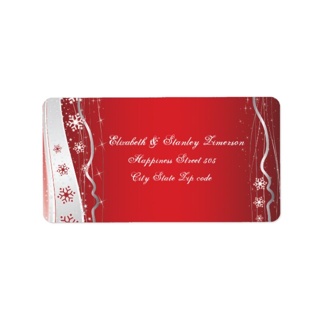 Red, silver grey, white snowflake winter wedding label (Front)