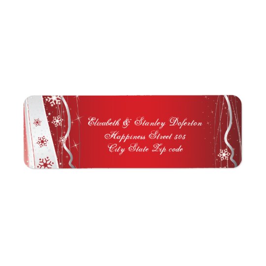 Red, silver grey, white snowflake winter wedding return address label