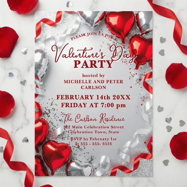 Red Silver Heart Balloons Valentine's Day Party Invitation (Creator Uploaded)