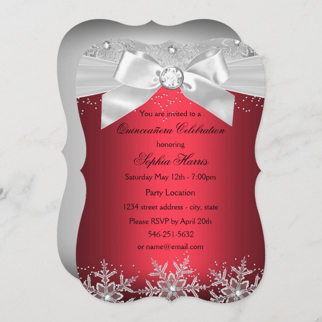 Red Silver Jewel Bow Snowflake Quinceanera Invitation (Front/Back)