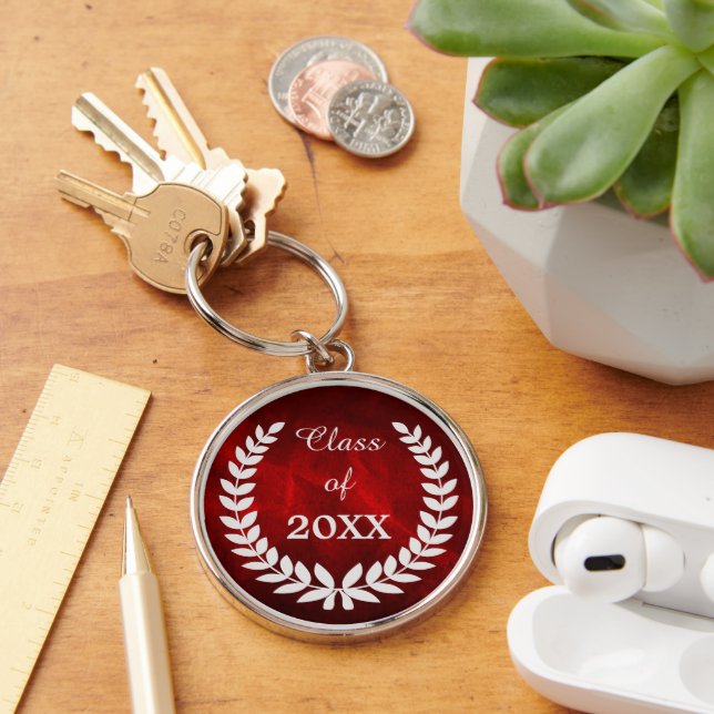 Red Silver Laurel Wreath Graduation Key Ring (Desk)