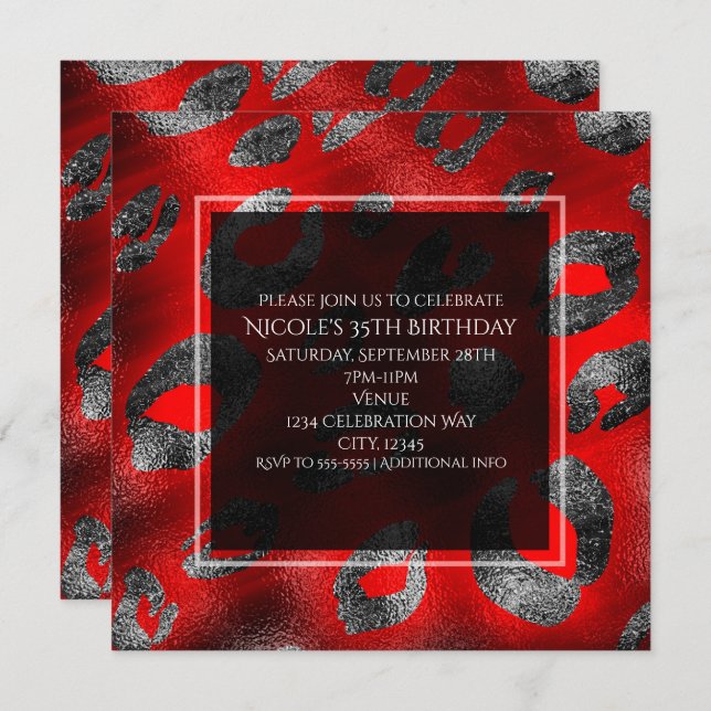 Red & Silver Leopard Print Glamour Party Invitation (Front/Back)