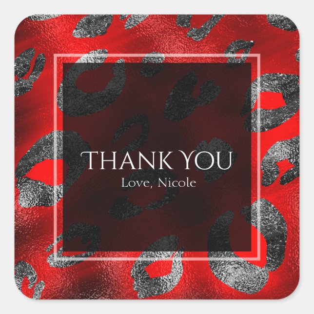 Red & Silver Leopard Print Party Favour Square Sticker (Front)