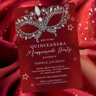 Red Silver Masquerade Mask Star Quinceanera