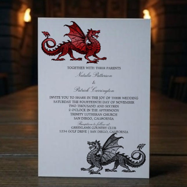 Red Silver Mediaeval Dragon Wedding Invite (Red Silver Medieval Dragon Wedding Invite)