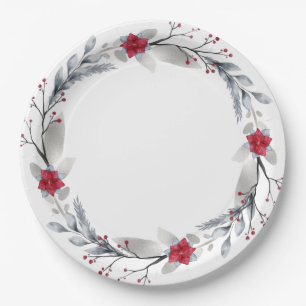 Red, Silver Merry Christmas Wreaths Paper Plate