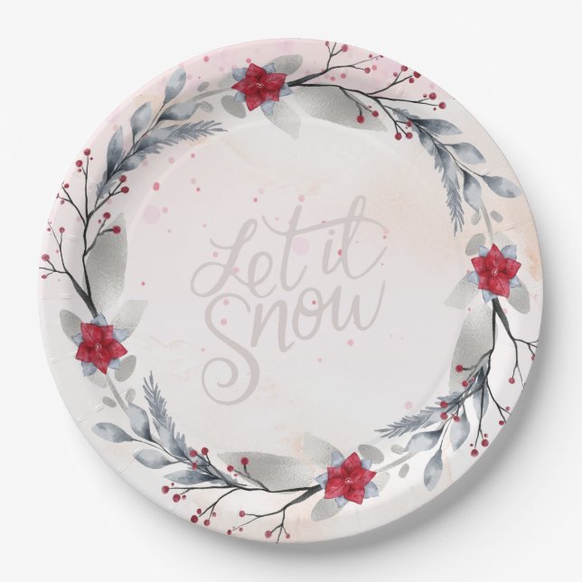 Red, Silver Merry Christmas Wreaths Paper Plate (Front)
