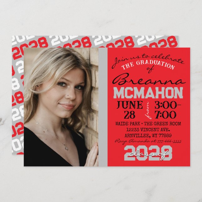 Red & Silver Modern Graduation Photo Invitation (Front/Back)