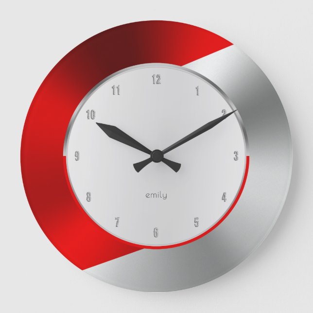 Red & Silver Modern Metallic Geometric design Large Clock (Front)