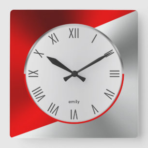 Red & Silver Modern Metallic Geometric Design Square Wall Clock