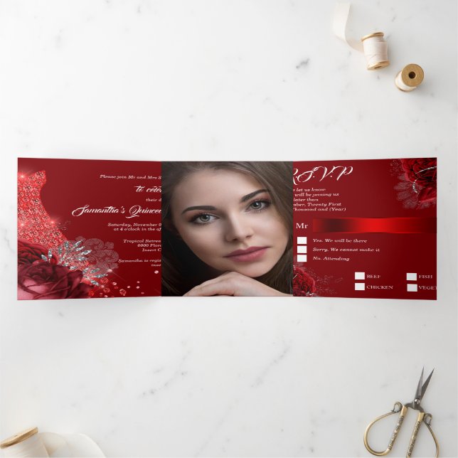 Red silver PHOTO floral rose ball gown girls Tri-Fold Invitation (Inside)