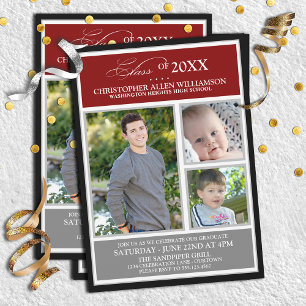 Red Silver Photo Graduation Party Invitation
