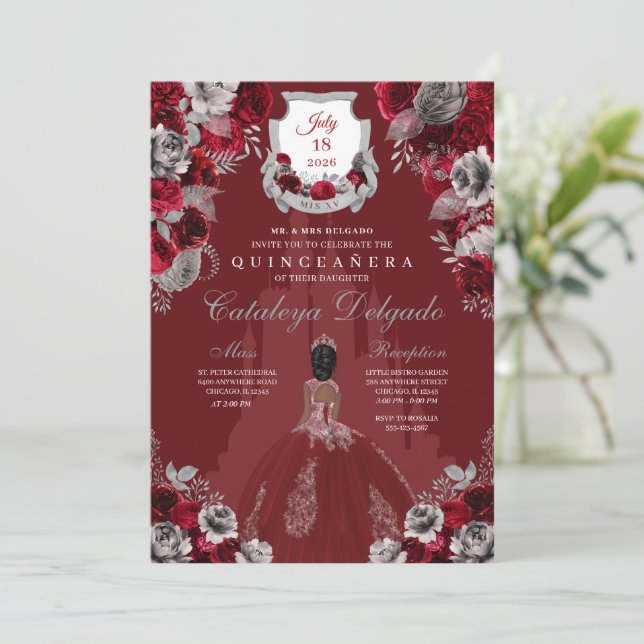 Red & Silver Princess Castle Quinceañera Invitation (Standing Front)