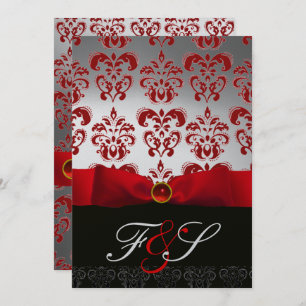 RED SILVER RIBBON & BLACK DAMASK MONOGRAM Ruby Invitation