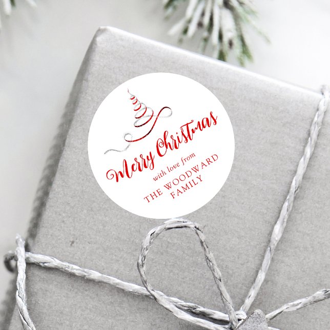 Red Silver Ribbon Tree Merry Christmas Script Classic Round Sticker (Creator Uploaded)