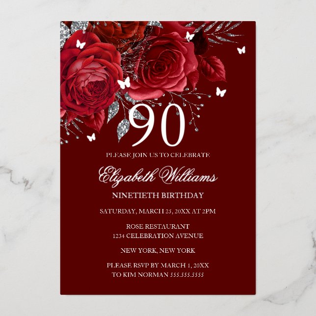 Red Silver Rose Sparkling Butterfly 90th Birthday  (Front)