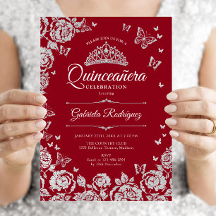 Red Silver Roses Butterflies Quinceanera Invitation