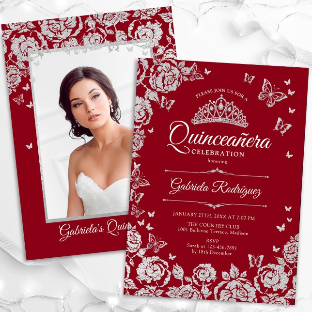 Red Silver Roses Butterflies Quinceanera Photo Invitation (Creator Uploaded)