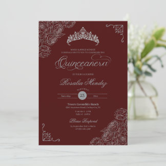 Red & Silver Roses Elegant Quinceañera Invitation