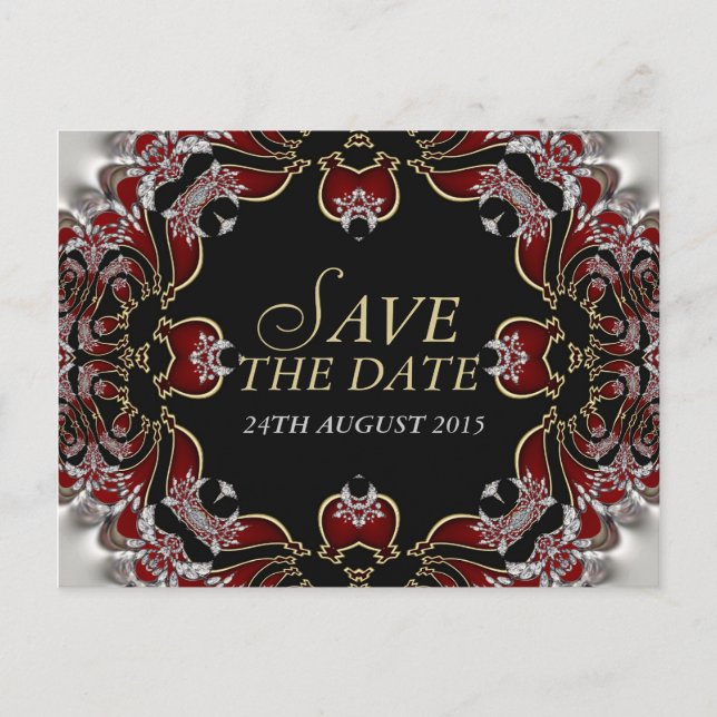 Red+Silver Satin Save the Date Postcard (Front)