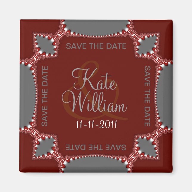 Red Silver Save the Date Lace Magnet (Front)