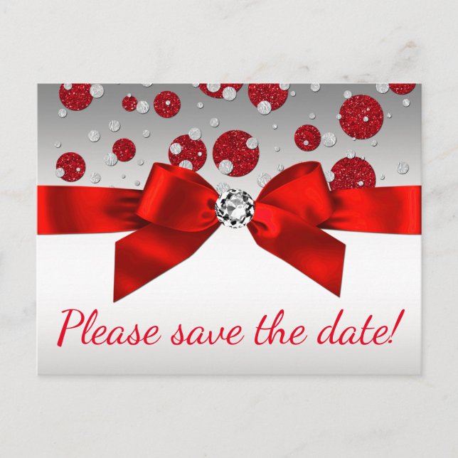 Red Silver Save The Date Postcards (Front)
