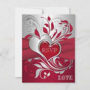 Red, Silver Scrolls, Hearts RSVP Card