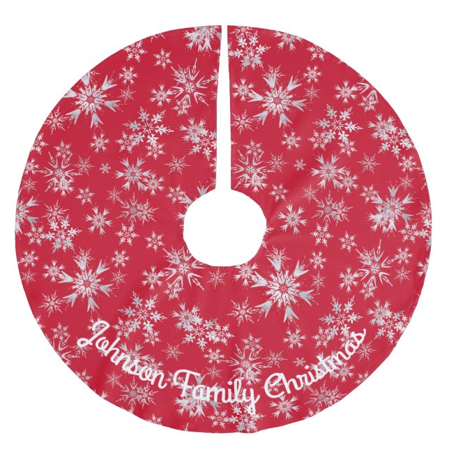 Red Silver Snowflakes Personalised Message Brushed Polyester Tree Skirt (Front)
