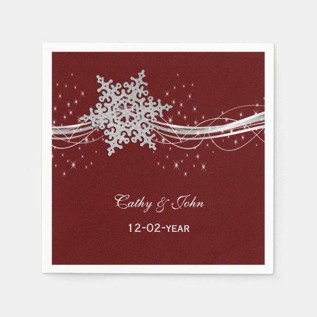 red Silver Snowflakes personalised wedding napkin (Front)