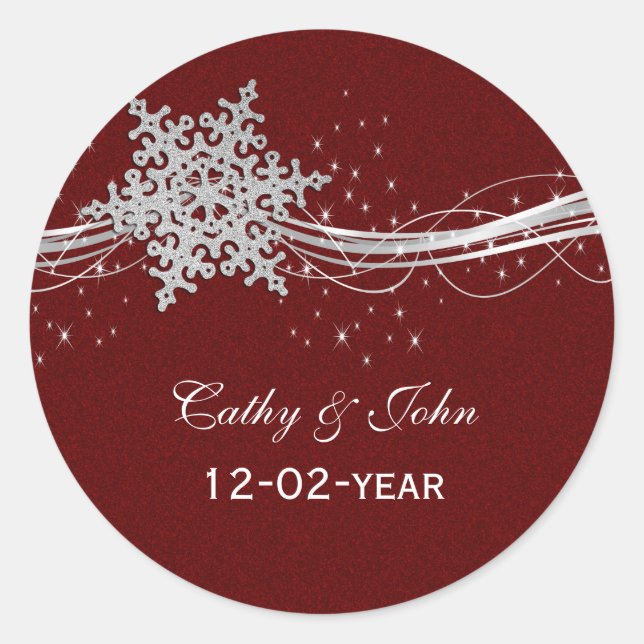 red Silver Snowflakes wedding favour stickers (Front)