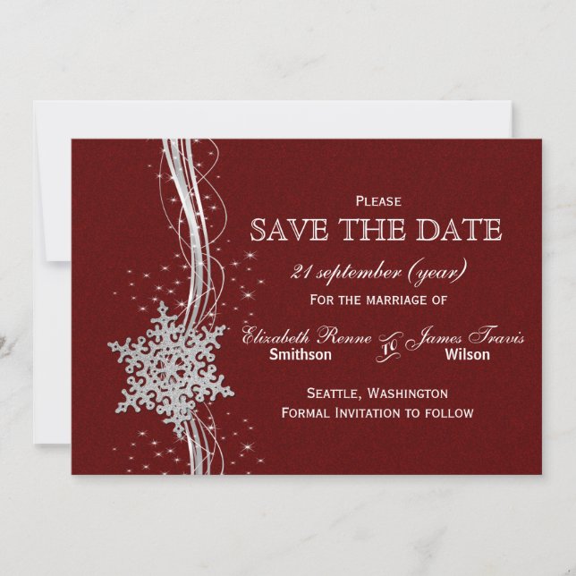 red Silver Snowflakes Winter  save the date (Front)