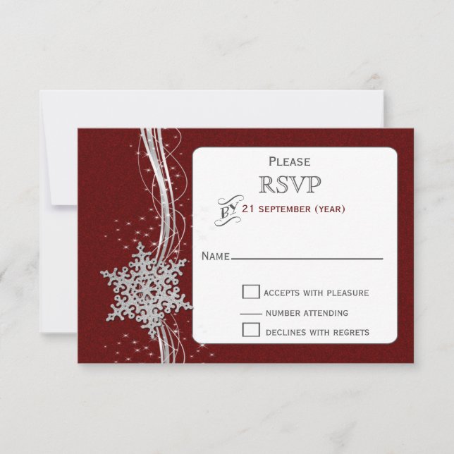red Silver Snowflakes Winter wedding RSVP (Front)
