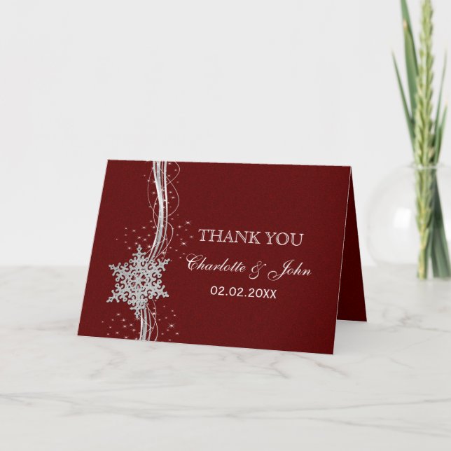 red Silver Snowflakes Winter wedding Thank You Card (Front)