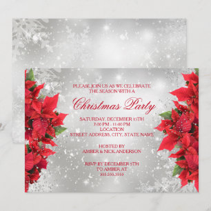 Red Silver Sparkle Holly Floral Christmas Party Invitation