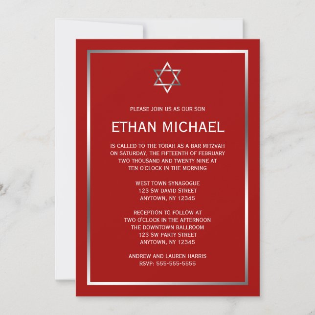 Red Silver Star of David Bar Mitzvah Invitations (Front)