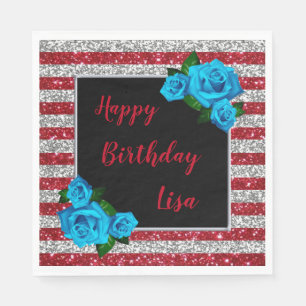 Red Silver Stripes Glitter Blue Roses Birthday Napkin
