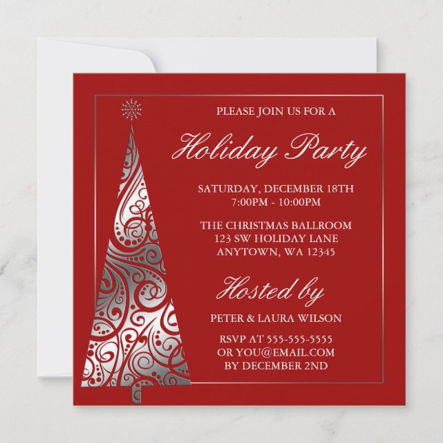 Red Silver Swirl Christmas Tree Holiday Party Invitation (Front)