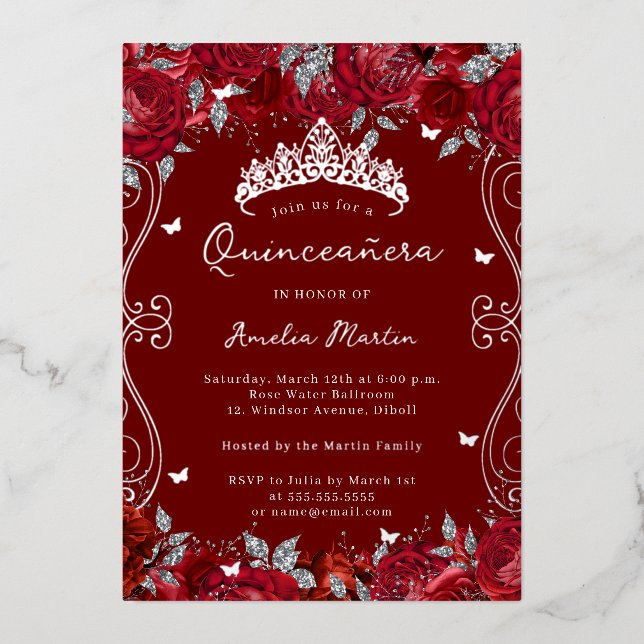 Red Silver Swirl Scroll Floral Quinceanera  (Front)